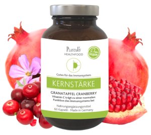 Granatapfel Cranberry Kapseln Vitamin C trägt zu einer normalen Funktion des Immunsystems   30 Tage Versorgung  Inhalt: 60 Kapseln | Füllmenge: 33,3 g.