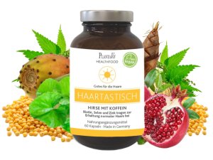 Haartastisch: Hirse plus Koffein Kapseln für die Haare Biotin, Selen und Zink tragen zur Erhaltung normaler Haare bei 30 Tage Versorgung  Inhalt: 60 Kapseln | Füllmenge: 30,08 g.