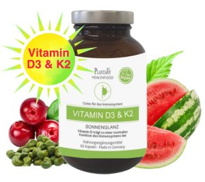 SONNENGLANZ: die optimale Kombination von Vitamin D3 & K2 zur unterstützung des Immunsyste Inhalt: 60 Kapseln Füllmenge: 61,1 g.